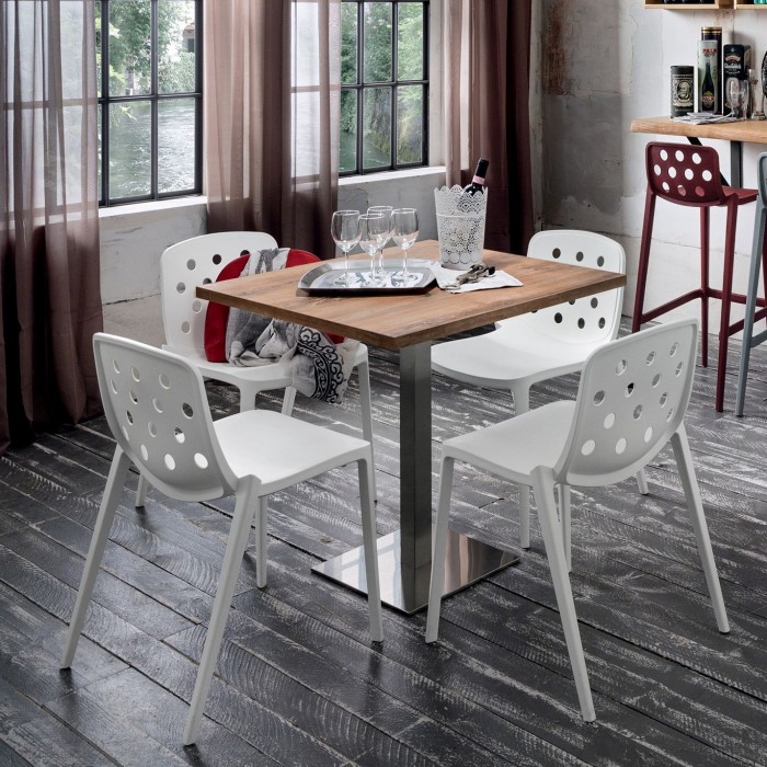 LA PRIMAVERA - Table carrée Zoe contract, solution pour les bars et les restaurants avec base en métal et plateau en bois vintage (5 Pezzi)